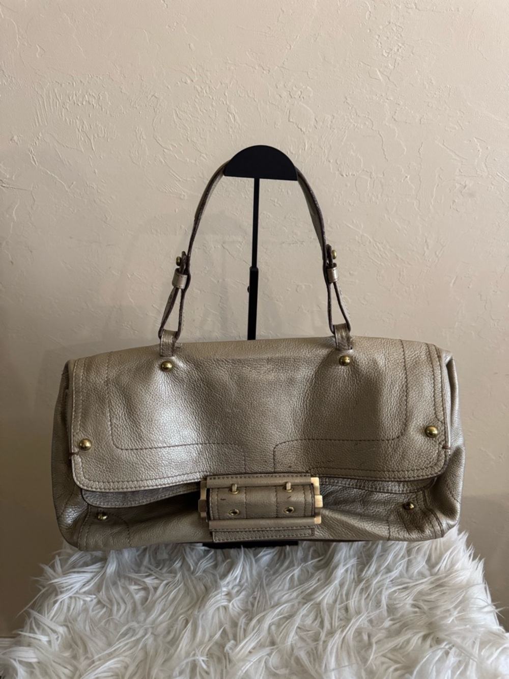 Metallic Taupe Leather Shoulder Bag with Gold Hardware